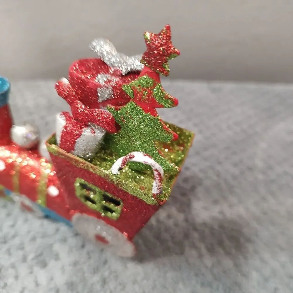Metal Train‎ Locomotive Engine Christmas Ornament Decoration Glitter Green Red